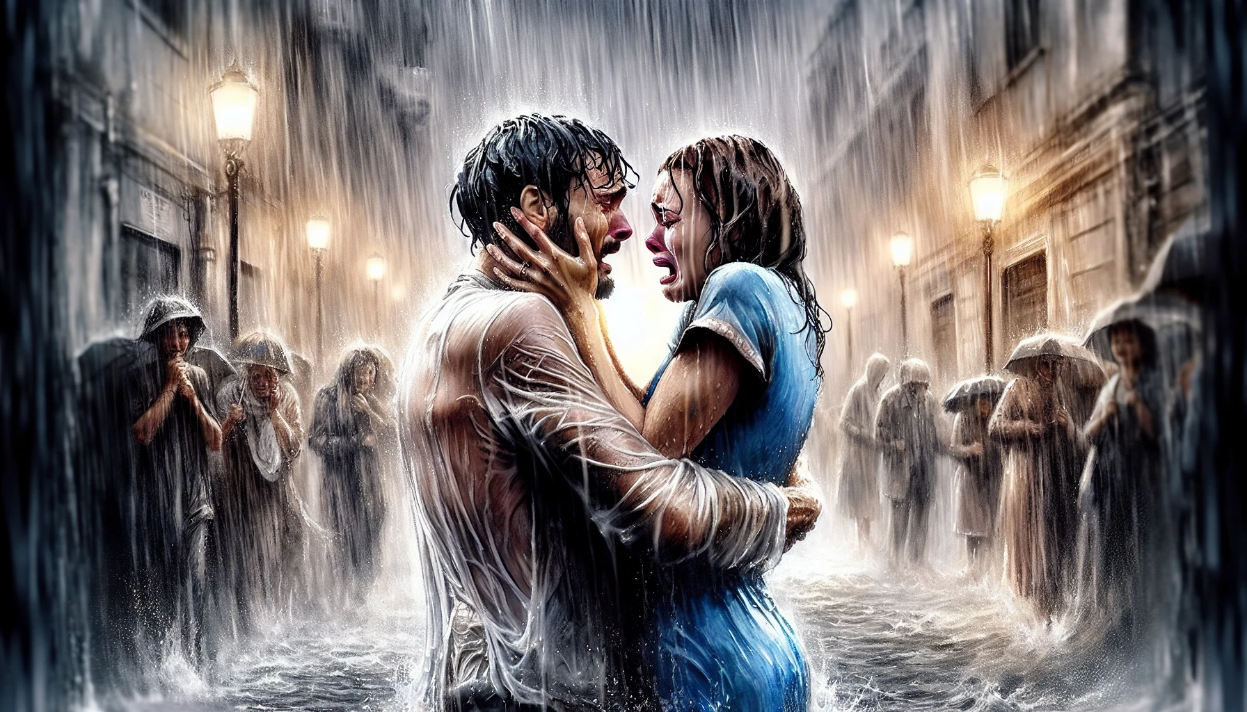 A poignant scene unfolds under a heavy downpour, where two figures, drenched and trembling with emotion, embrace tightly amid the chaos of a rain-soaked street. Their faces are illuminated by the soft glow of streetlights, revealing tears mingling with raindrops. The surrounding city blurs into a watercolor of lights and shadows, capturing the intensity of their long-awaited reunion, filled with both sorrow and joy.