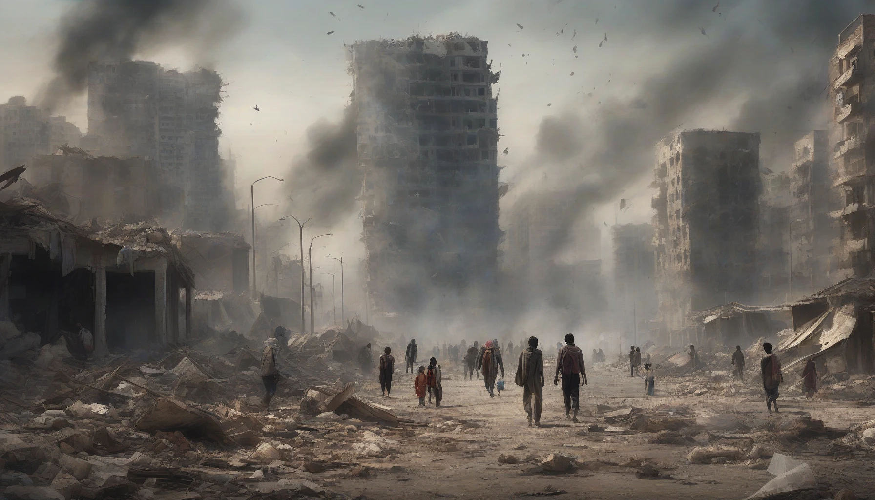 In a stark, desolate landscape, a group of refugees navigates the ruins of their once-vibrant city, their faces a mixture of fear and resilience. The smoke and debris swirl around them as they clutch their meager belongings, eyes set on a distant horizon. Shadows of crumbling skyscrapers loom overhead, suggesting the chaos from which they've escaped, while the soft glow of dawn breaks through the destruction, hinting at hope beyond the turmoil.