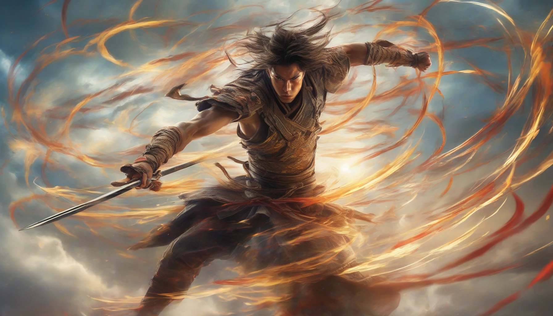 Capture a dynamic scene of a dual-wielding fighter spiraling through the air, blades glinting in the sunlight. The warrior's athletic form is mid-spin, showcasing intense focus and fierce determination. Swirling clouds and a blurred background amplify the sense of motion, while colorful streaks of magic or energy trail behind the swords. Emanating strength and agility, this image embodies the essence of martial prowess in a breathtaking aerial ballet.