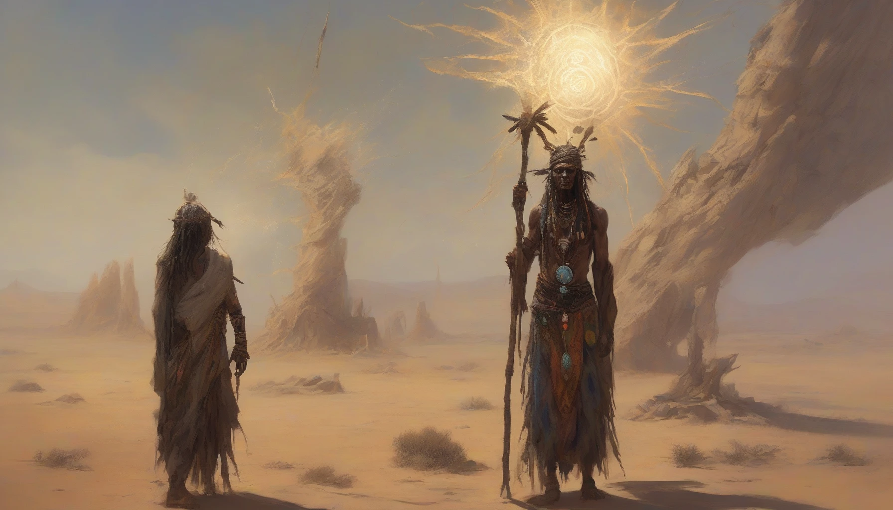 Envision a powerful shaman standing tall amidst a vast, desolate desert, their vibrant robes tattered by time and weather. The sun blazes overhead, casting shadows over cracked earth and skeletal remains of ancient structures. Ethereal wisps of smoke swirl around the shaman, hinting at arcane rituals. Their piercing gaze holds secrets of survival and magic, embodying hope and wisdom in a world transformed by chaos.