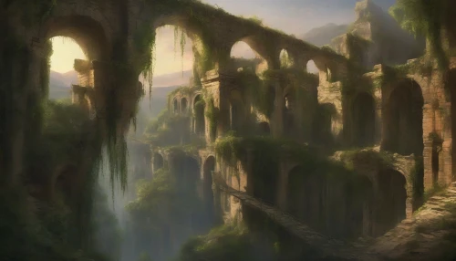 In this image, an ancient city lies in disarray, its crumbling architecture overtaken by nature. Vines twist around broken columns and shattered walls, while a once-mighty bridge hangs precariously, its arches collapsed into the chasm below. Shadows deepen in the twilight, casting an eerie glow on the remnants of civilization. Silent whispers of history linger in the air as the distant mountains loom in the background.