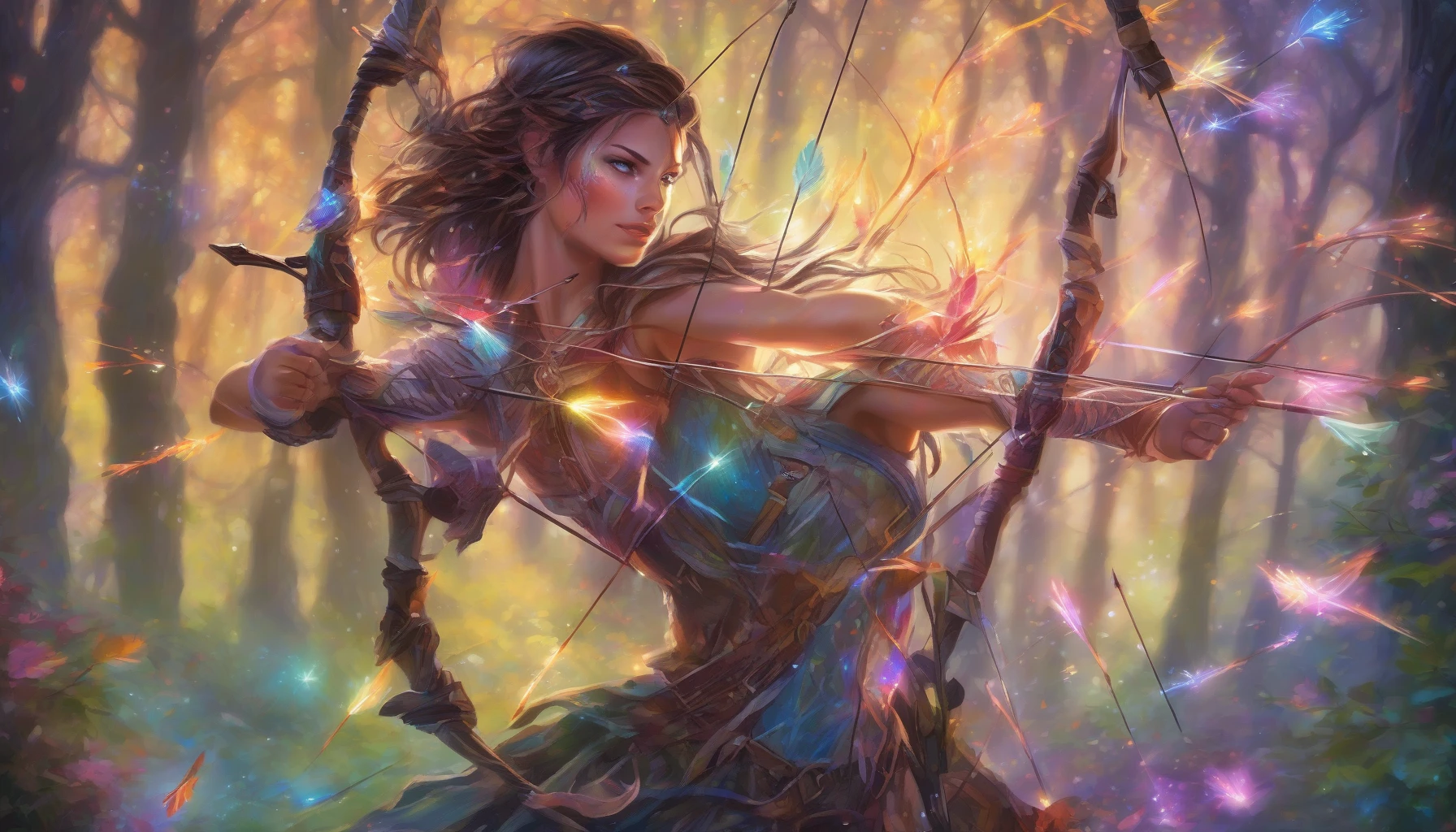 In an enchanted forest, an ethereal archer draws back her luminous bow, releasing a flurry of glowing arrows that streak through the twilight. Each arrow illuminates the surrounding trees, casting vibrant colors across the foliage. Wisps of magic trail behind the arrows, creating a breathtaking light show. Her determined gaze and intricate armor, adorned with celestial patterns, embody the spirit of a guardian of the night.