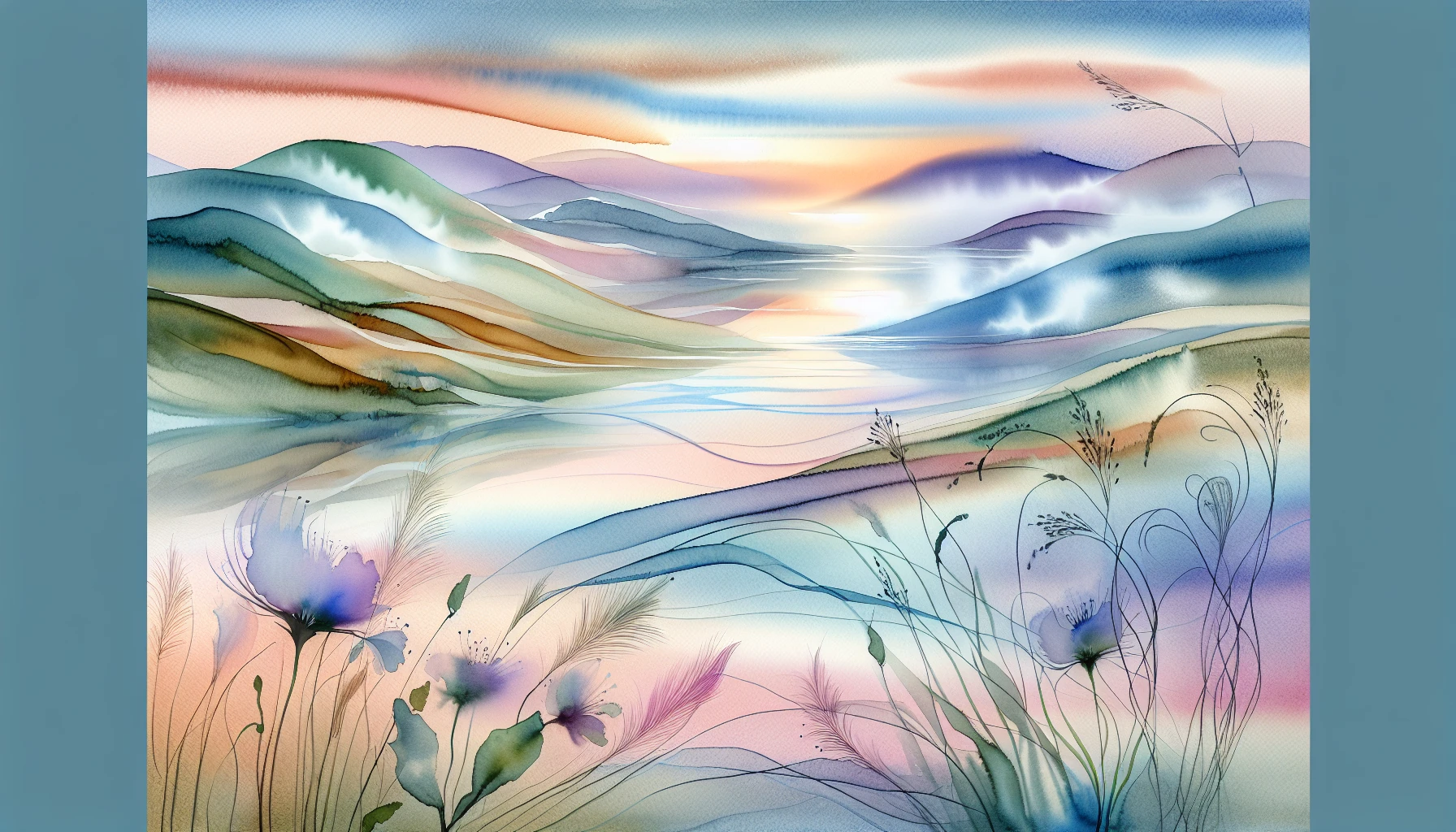 Imagine a breathtaking landscape painted in soft, flowing watercolors, where rolling hills blend seamlessly into a sky tinged with pastel hues. Wisps of mist curl above a tranquil lake, reflecting the colors of a sunset. Delicate wildflowers dot the foreground, their petals kissed by a gentle breeze. This serene scene invites viewers into a dreamy world, where nature’s beauty is celebrated in every brushstroke.