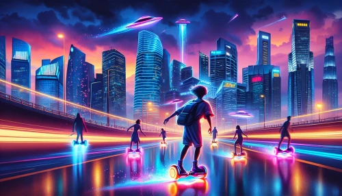 Picture a dynamic scene set in a futuristic city, where neon lights flicker against the twilight sky. A lone rider on a sleek hoverboard zooms past towering skyscrapers, wind whipping through their hair. Below, a group of rival hoverboarders gives chase, their vibrant boards leaving trails of glowing light. The energy is palpable, as the thrill of speed and adventure electrifies the atmosphere.