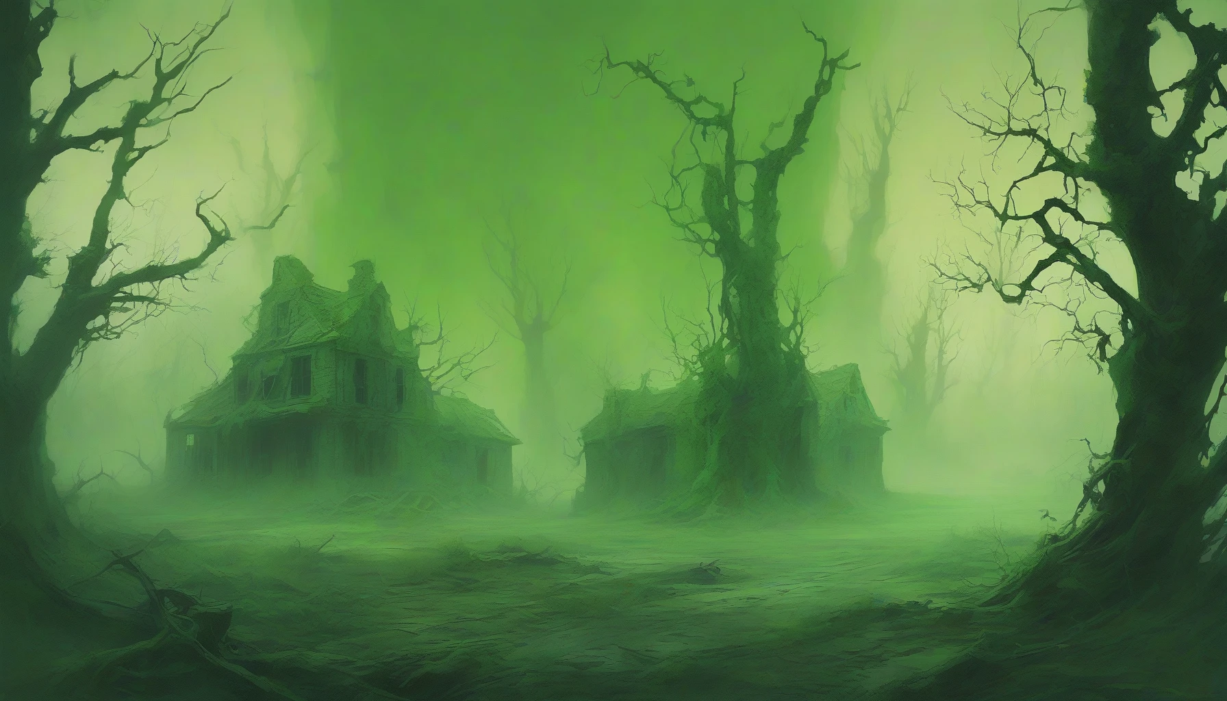 Envision a desolate landscape where remnants of civilization lie scattered beneath a thick blanket of glowing green fog. Muted shadows of crumbling buildings and rusted vehicles peek through the eerie luminescence, casting an otherworldly glow. Faint silhouettes of twisted trees reach skyward, their gnarled branches adorned with flickering green spores. The air is thick with an unsettling silence, amplifying the haunting beauty of this radioactive realm.