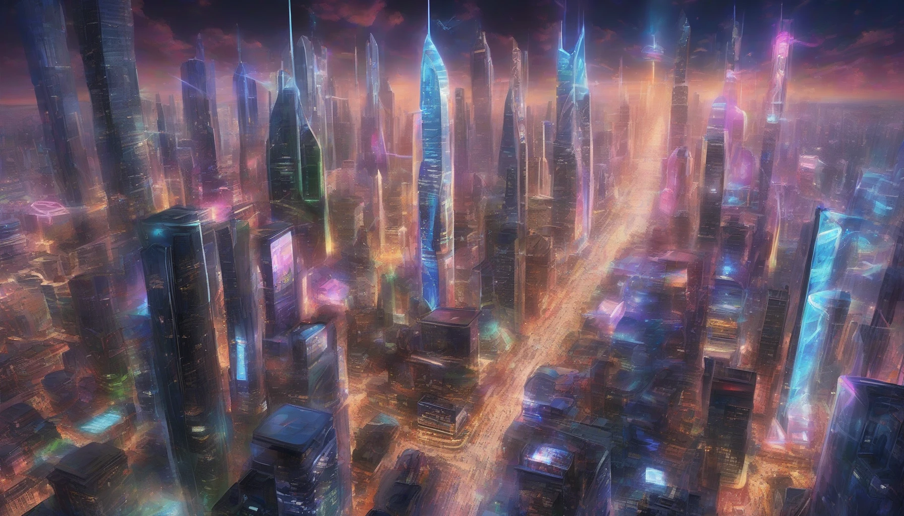 Imagine a vibrant, pulsating metropolis brimming with innovation, where sleek, metallic skyscrapers pierce the clouds, adorned with neon lights that flicker like stars. The sky is alive with flying cars zipping between the buildings, leaving trails of luminescent vapor. Below, bustling streets are filled with diverse pedestrians, while holographic ads hover mid-air. This city thrives on the cutting-edge of technology, evoking a sense of awe and excitement.