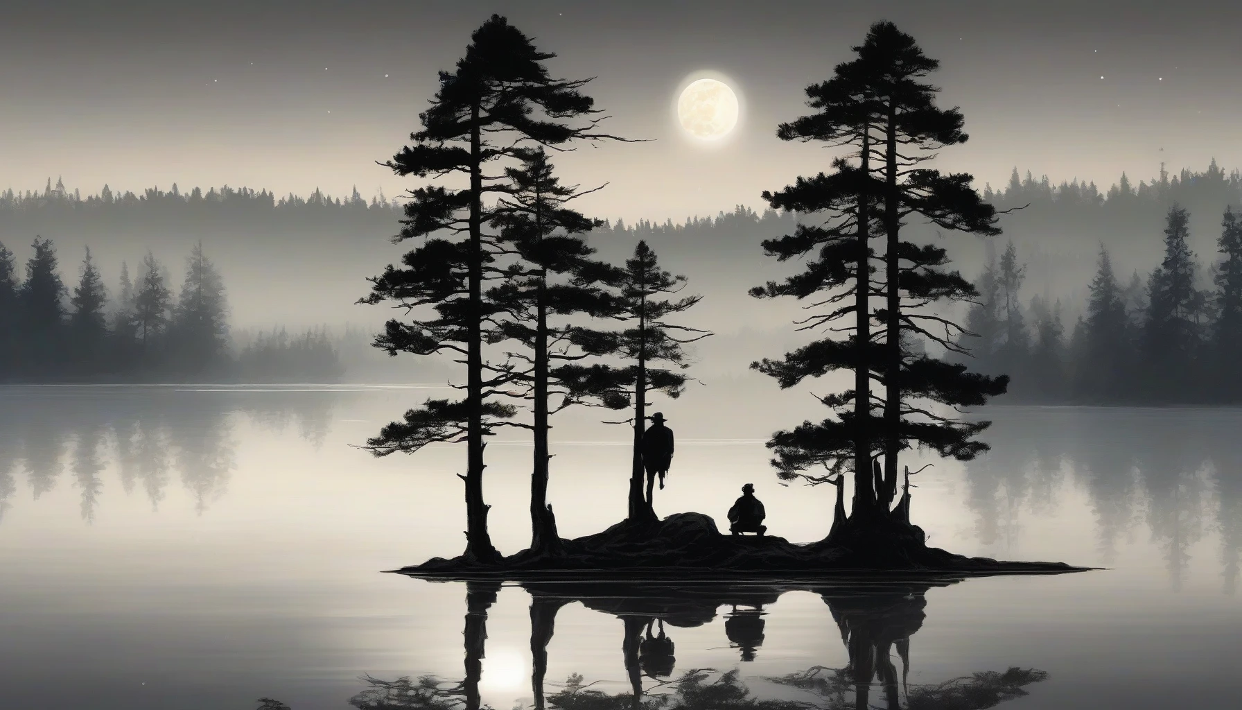 A serene landscape unfolds under a luminous full moon, casting gentle silver rays across a tranquil lake. Silhouettes of tall pine trees frame the scene, while soft ripples disturb the water's glassy surface. A solitary figure sits on the shore, lost in thought, surrounded by the whispers of night. The air is filled with the scent of pine and earth, inviting a deep sense of peace and reflection.