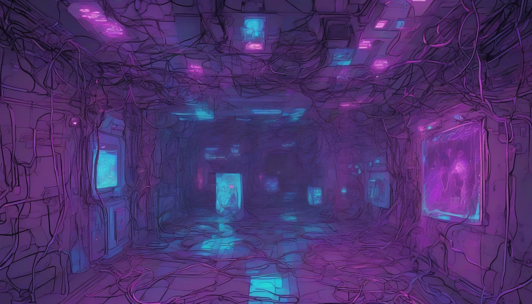 Dive into a dimly lit underground lair, where a myriad of flickering monitors cast an eerie glow on the walls, illuminating countless tangled wires. Shadows dance as figures clad in hooded sweatshirts furiously type away, their faces only visible in the screen's light. Neon blue and purple accents pulse rhythmically, while holographic data streams hover mid-air, creating an electric atmosphere of high-stakes digital warfare and rebellion.