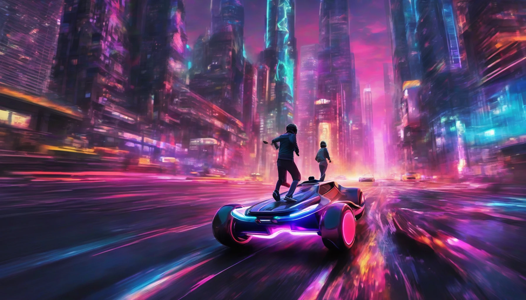 Picture an exhilarating chase scene where sleek, neon-lit hoverboards zip through a futuristic cityscape. Vividly colored skyscrapers tower over the streets as two daring figures maneuver through bustling traffic, their trails of light contrasting against the dark asphalt. The air is electric with adrenaline, reflecting the thrill of evasion, as onlookers gasp in awe and anticipation. This dynamic moment encapsulates the essence of speed and freedom in an urban playground.