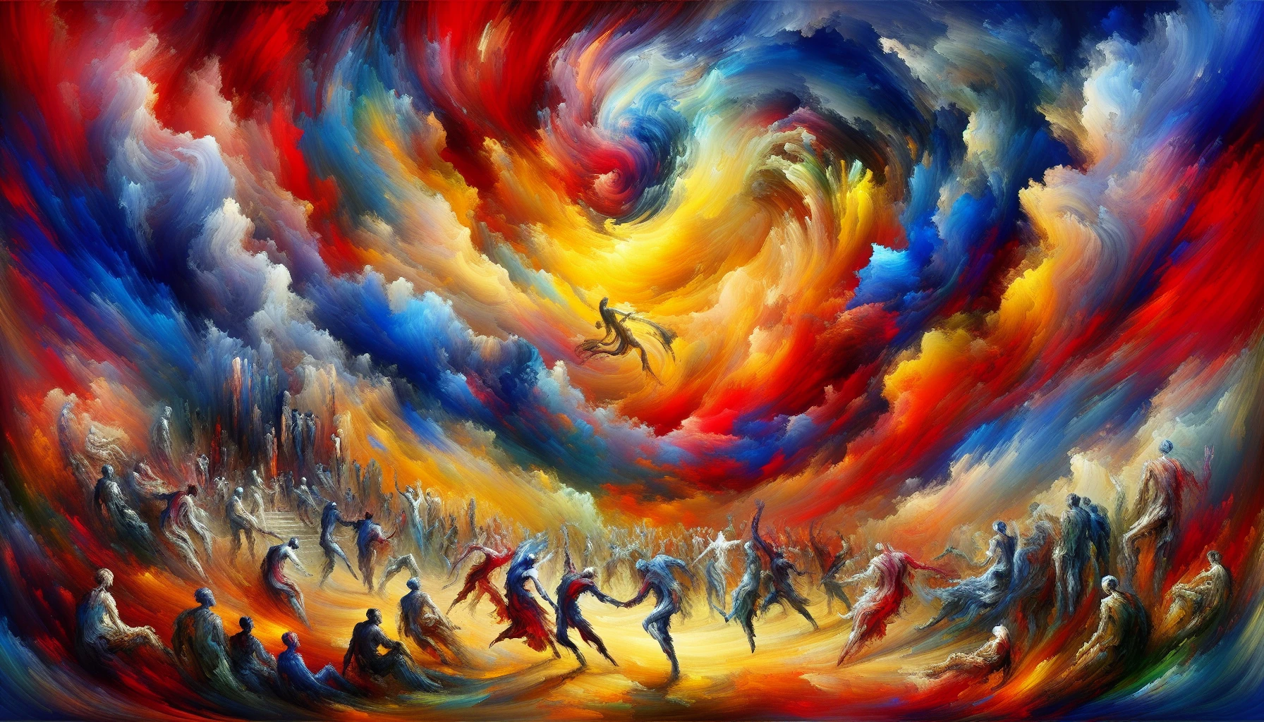 Capture a vivid expressionist scene bursting with colorful swirls and dynamic brushstrokes. The image should depict a tumultuous sky filled with bold reds, deep blues, and vibrant yellows, symbolizing a storm of emotions. Below, abstract figures writhe in a dance of joy and despair, their forms distorted yet captivating, embodying the raw intensity of human experience against a backdrop of chaotic beauty.