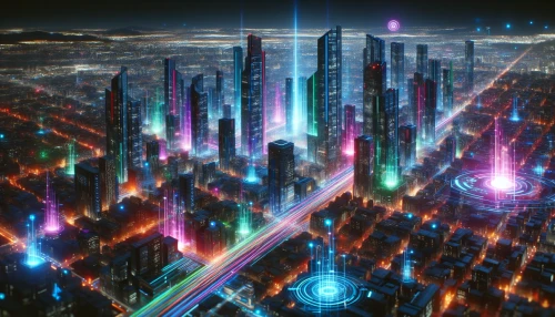 Imagine a futuristic metropolis where towering skyscrapers glisten with vibrant neon lights, reflecting a symphony of colors against the night sky. Data streams flow like rivers of light, pulsating with energy as they weave through the urban landscape, connecting buildings and people. Holographic advertisements float in the air, while drones zip overhead, creating a dynamic fusion of technology and art in this awe-inspiring cybernetic paradise.