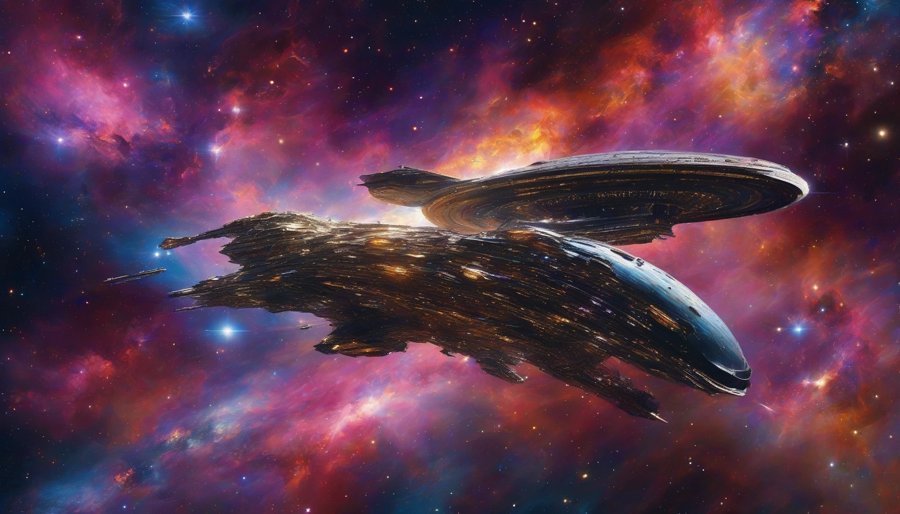 A sleek spaceship glides through the cosmos, illuminated by the shimmering light of a nearby star. The vastness of space surrounds it, dotted with vibrant nebulae and swirling galaxies. The ship's metallic surface reflects the cosmic colors, while a trail of stardust follows in its wake. In the foreground, the star bursts with radiant hues, creating a breathtaking contrast against the dark expanse of the universe.