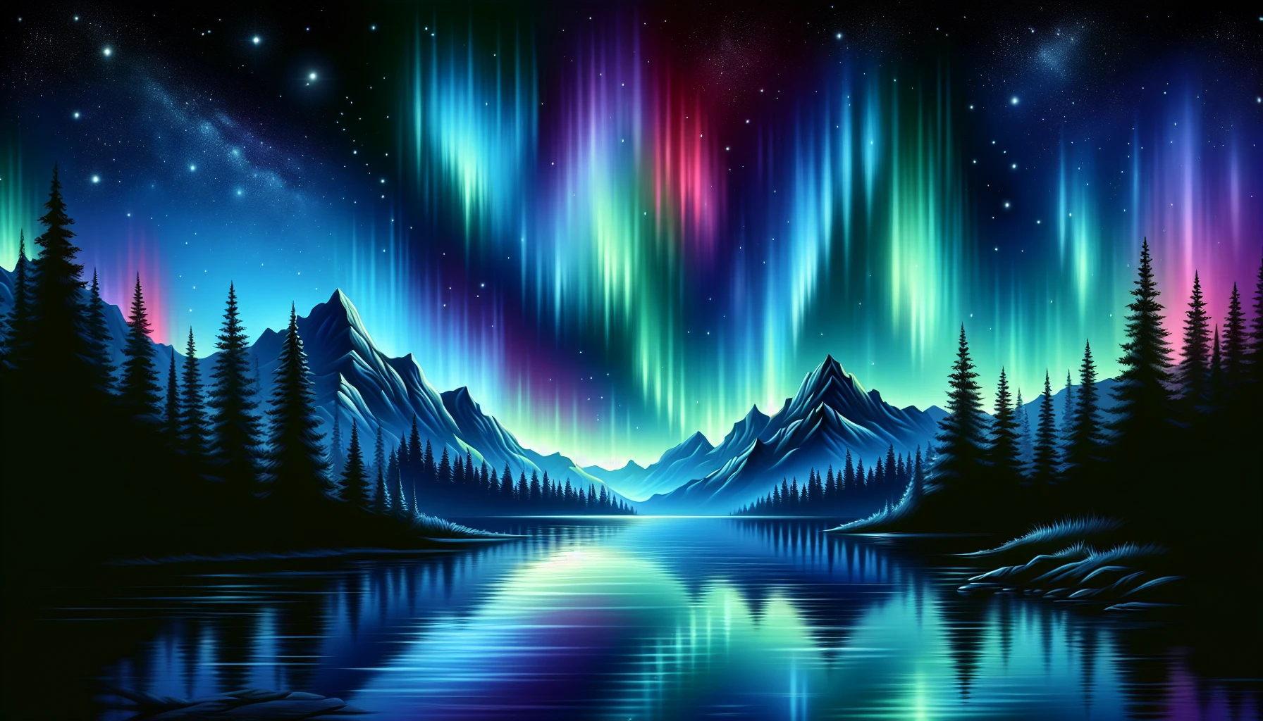 Imagine a breathtaking scene where vibrant auroras dance across the night sky, their colors reflecting in a tranquil lake below. The landscape is framed by silhouettes of pine trees and rugged mountains, adding depth to the serene setting. Soft ripples disturb the water’s surface, while the stars twinkle above, creating a mystical atmosphere that invites viewers to lose themselves in nature's wonder.