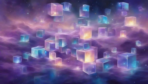 Imagine a serene cosmic scene where translucent cubes float gracefully among a starry backdrop. Each cube emits a soft, iridescent glow in shades of blue and purple, casting gentle reflections on the surrounding space. Wisps of mist drift around them, adding a sense of mystery and depth. The tranquil ambiance invites viewers to lose themselves in this dreamlike world of light and color, where reality blends with imagination.