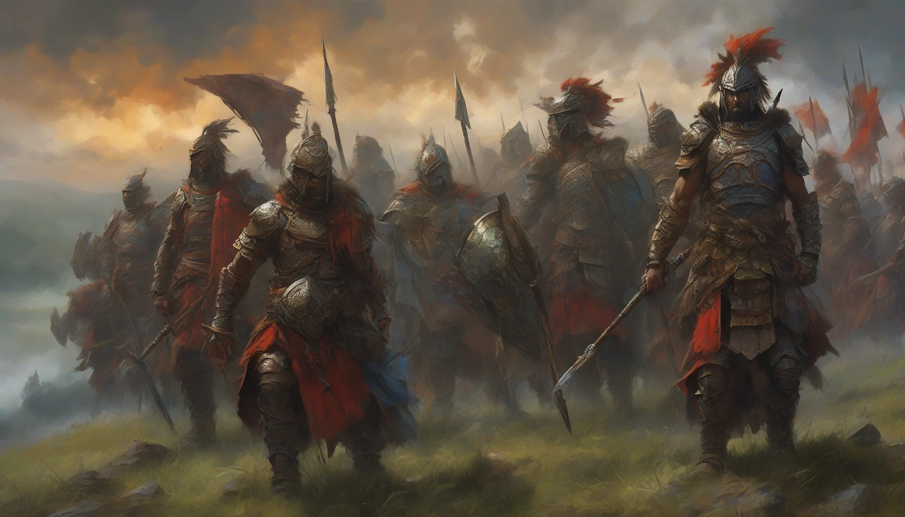 In a breathtaking landscape of rolling hills and ancient forests, a diverse group of warriors stands resolute, united in their defense of their homeland. Clad in vibrant armor reflective of their unique cultures, their expressions convey unwavering determination. Above them, a storm brews ominously, hinting at the impending battle with a dark, menacing army on the horizon, creating an atmosphere thick with tension and bravery.