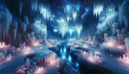 Celestial Ice Caverns  
Dive into a breathtaking realm where glistening icicles hang like chandeliers from the cavern's vaulted ceilings, reflecting an ethereal blue and purple glow. The walls, adorned with intricate frost patterns, pulse with an otherworldly energy, while shimmering snowflakes drift lazily in the air. A frozen river meanders through the cavern's heart, its surface capturing the stars above, creating a magical interplay between earth and sky.