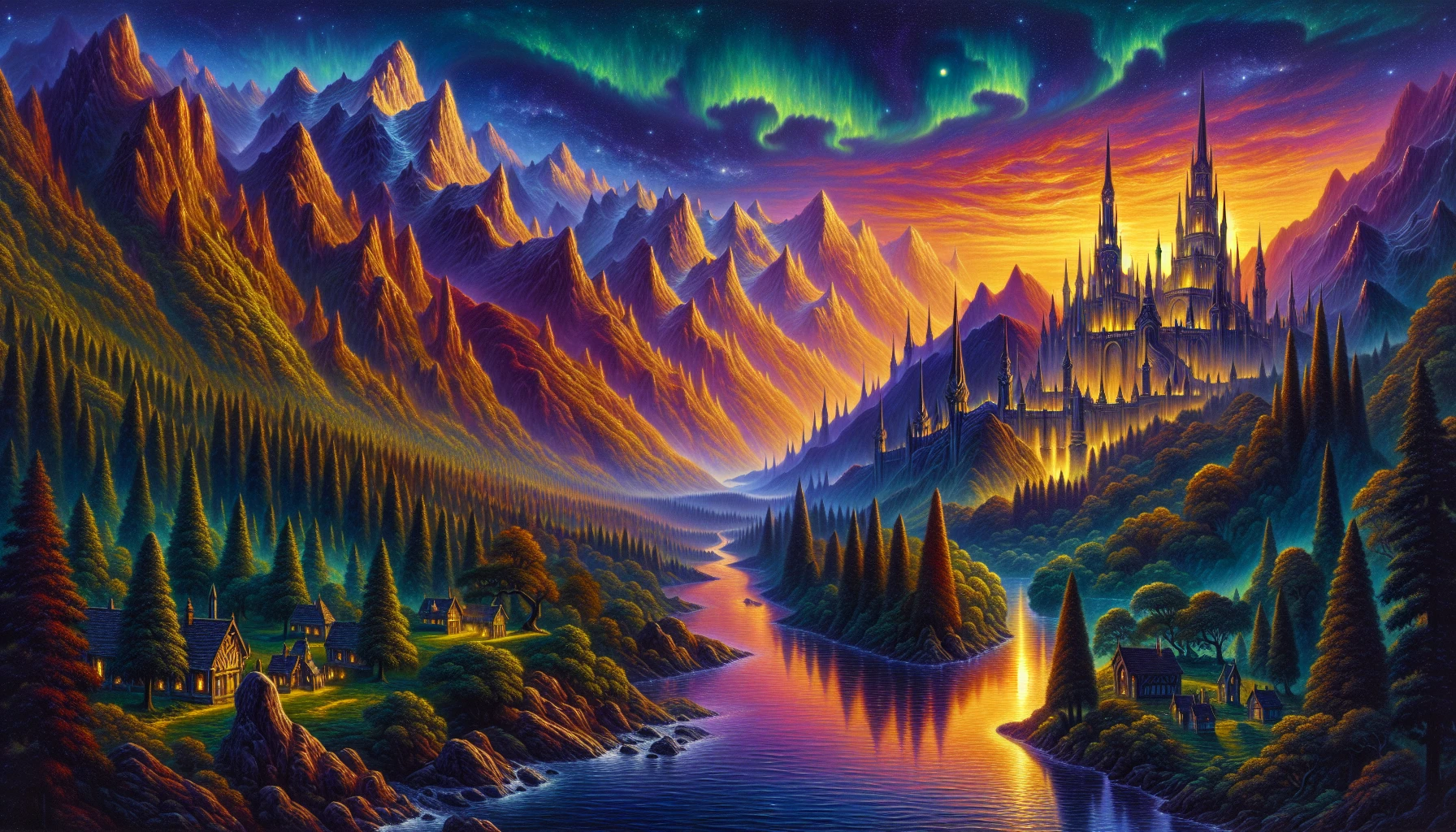 Picture a sprawling fantasy landscape bathed in twilight, where towering mountains meet lush valleys. Enchanted forests whisper with ancient secrets, while a shimmering river snakes through the scene, reflecting the vibrant hues of a magical sunset. A majestic castle, adorned with intricate spires, looms in the distance, surrounded by ethereal creatures. This artwork captures the essence of adventure and wonder, inviting viewers into a world of limitless imagination.