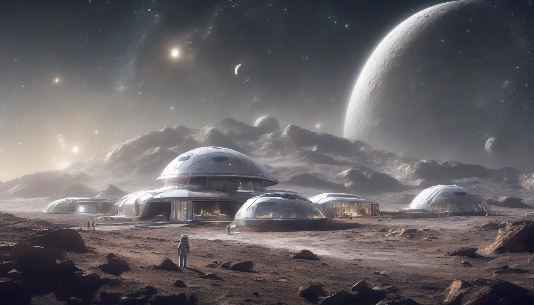 Envision a futuristic lunar base, its sleek silver structure gleaming softly under the vast, breathtaking expanse of a starry sky. Bright celestial bodies twinkle above, casting an ethereal glow on the rugged lunar landscape. The base's windows reflect the stunning cosmos, while astronauts explore the surface, their movements illuminated by the brilliance of distant galaxies. This scene captures the harmonious blend of human innovation and the awe-inspiring beauty of the universe.