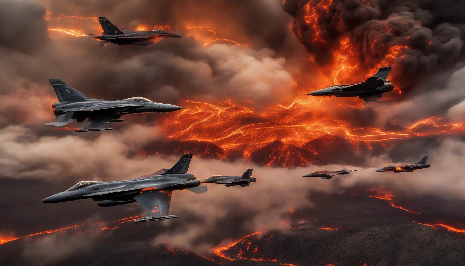 A dramatic scene unfolds as sleek fighter jets soar over a fiery landscape, their engines roaring with power. Below, molten lava flows intertwine with dark smoke rising from the ground, casting an eerie orange glow. The sky is a tumultuous mix of black clouds and glowing embers, while the jets zoom in perfect formation, embodying speed and precision amidst the chaos of nature's wrath.