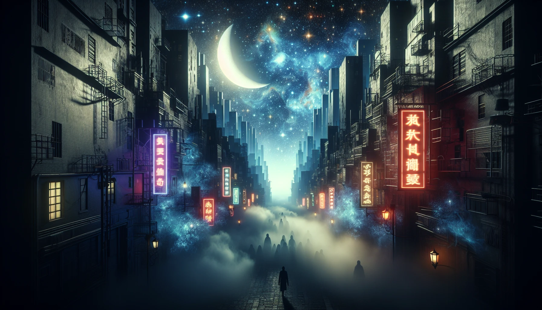 In a mesmerizing fusion of urban intrigue and celestial wonder, this image captures a sprawling cityscape shrouded in perpetual darkness. Neon lights flicker like stars against the velvety black sky, while towering skyscrapers loom like ancient sentinels. Wisps of mist weave through the alleyways, and shadows dance across cobblestone streets, inviting viewers to explore the mysteries that linger in the depths of this captivating nocturnal realm.