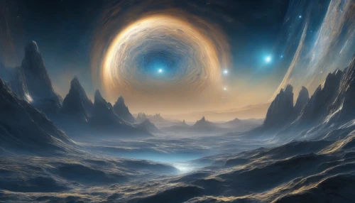 Picture a breathtaking scene where a majestic ringed gas giant looms large in the sky, its vibrant bands swirling in shades of blue and gold. In the foreground, the rugged, icy surface of its moon sprawls out, dotted with crystalline formations. Ethereal plumes of gas drift lazily into the void, while distant stars twinkle, casting a soft glow on the alien landscape, creating a tableau of cosmic wonder.