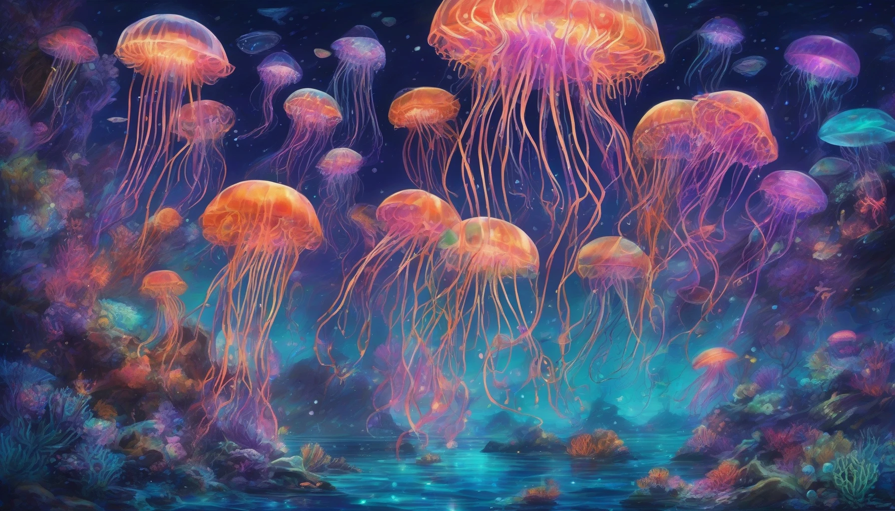 Dive into a surreal underwater realm where vibrant, bioluminescent creatures dance amidst the waves of an alien ocean. Ethereal jellyfish pulsate with glowing colors, while luminous coral forests sway gently in a cosmic current. The water shimmers with hues of turquoise and violet, reflecting a starlit sky above, inviting you to explore this enchanting ecosystem teeming with life and otherworldly beauty.