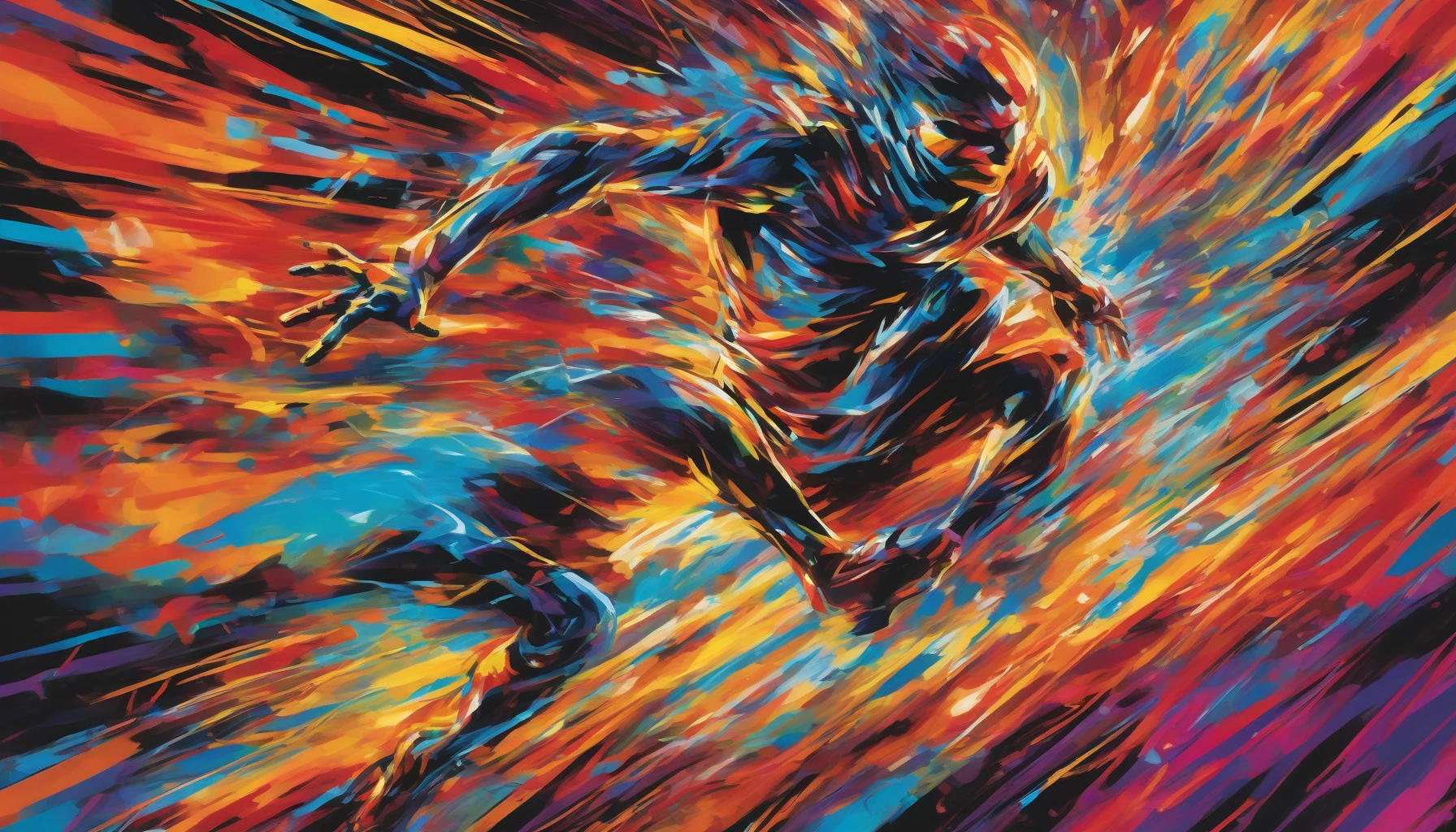 Imagine an electrifying scene where a heroic figure charges forward, surrounded by swirling speed lines that pulse with energy. The background blurs into vibrant hues, emphasizing the rapid movement and intensity of the moment. Each stylized action sequence is accentuated with bold, exaggerated motions, as if time itself is bending around the character. This visual spectacle captures the essence of adrenaline-fueled adventure, leaving viewers on the edge of their seats.