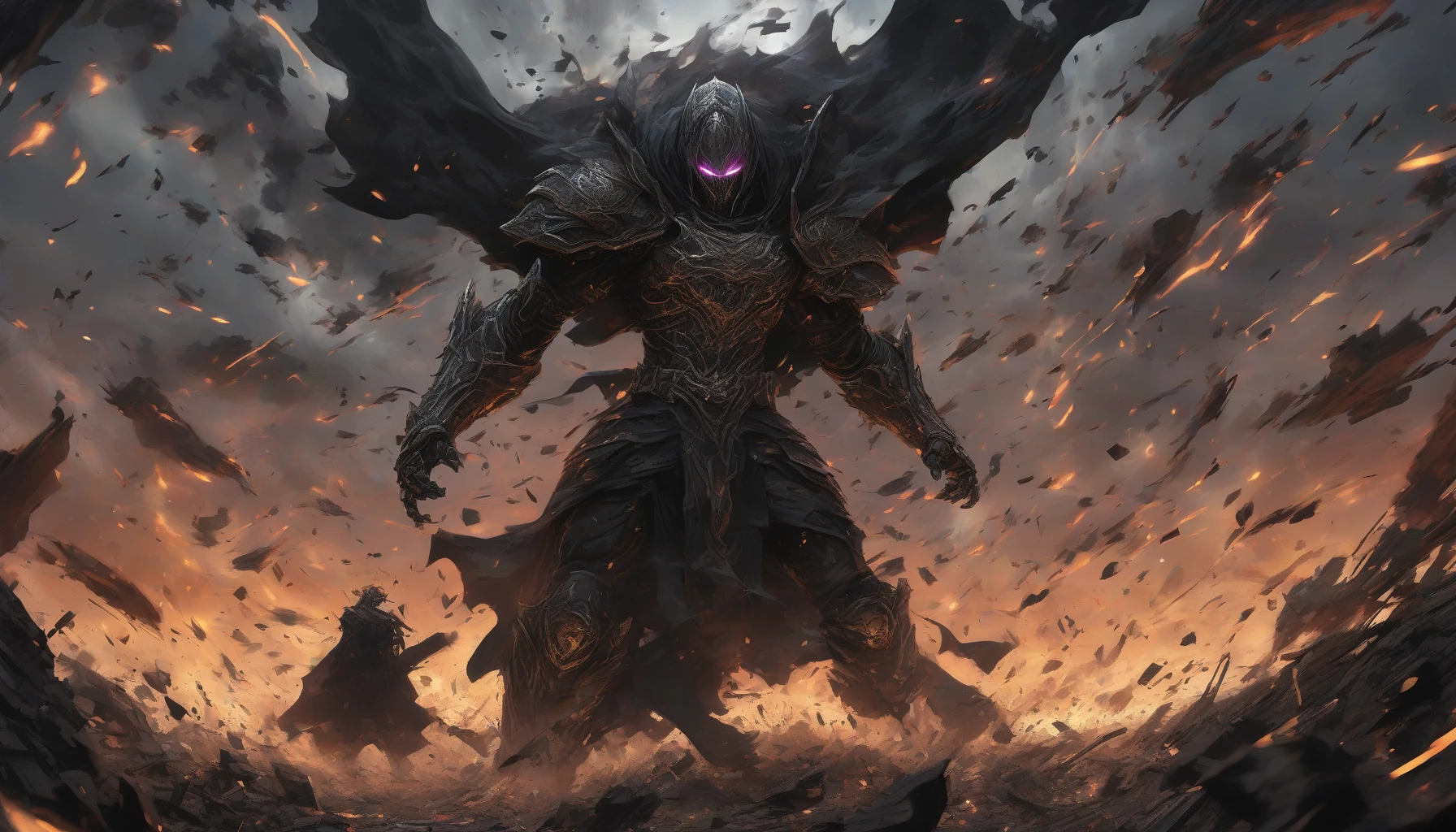 In a dramatic scene, a towering villain cloaked in dark armor stands at the center of a chaotic battlefield. With eyes glowing menacingly and clenched fists raised, he releases a powerful shockwave that ripples through the air. Debris lifts and swirls around him, while terrified enemies are thrown off their feet. The sky darkens, crackling with energy as shadows dance across the landscape, enhancing the tension and dread of his terrifying presence.