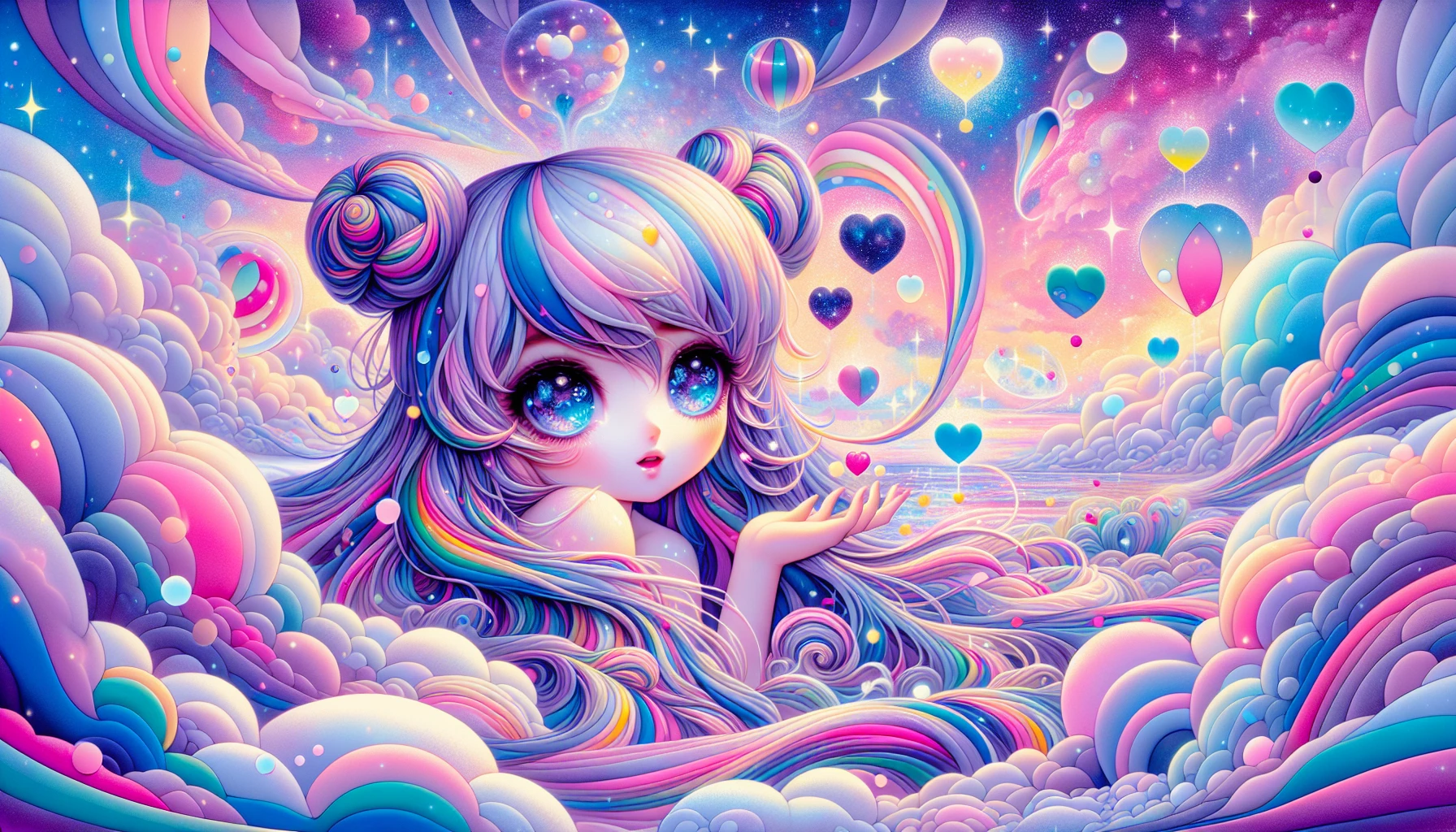 In a whimsical world filled with vibrant hues and enchanting sparkles, a delicate shoujo character stands at the center, surrounded by floating hearts and twinkling stars. Her wide, expressive eyes shine with a sense of wonder, while her flowing hair cascades like a waterfall of colors. The backdrop features soft pastel clouds and dreamy landscapes, creating an ethereal atmosphere that captures the essence of romance and magic.