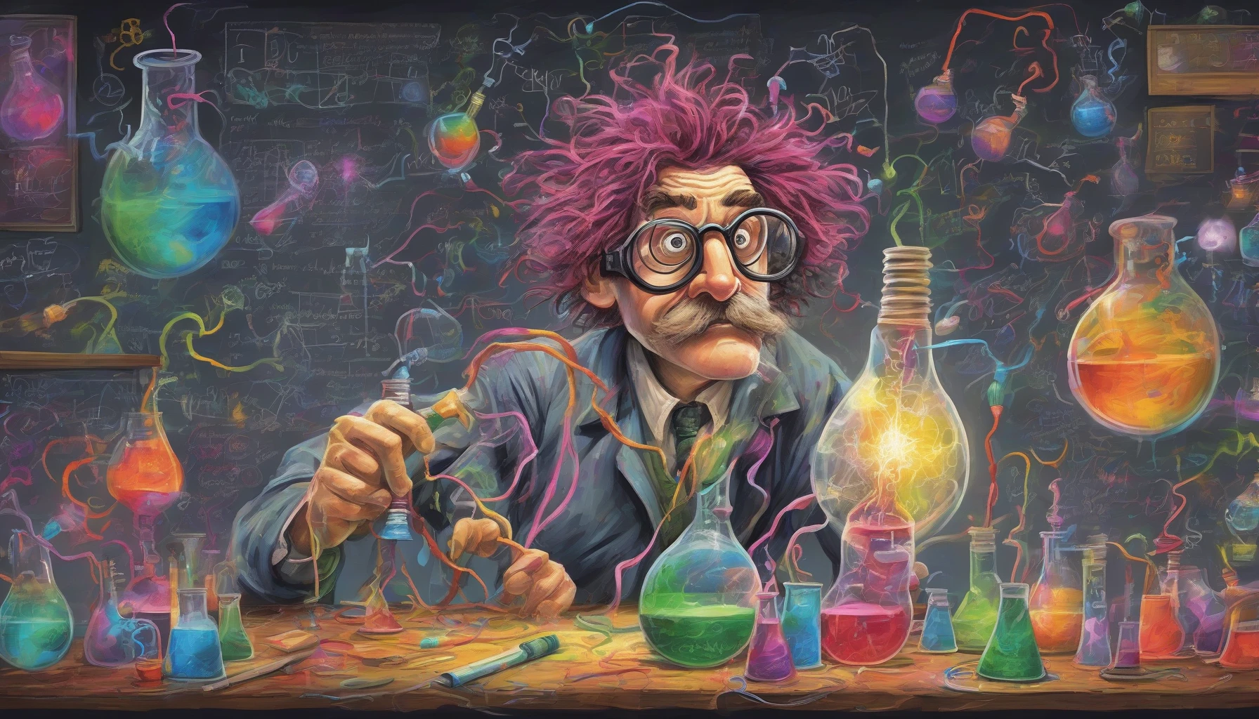 Imagine a brilliant scientist, with tangled, unkempt hair bursting from beneath oversized goggles, embodying the essence of creative chaos. Their lab is a vibrant explosion of colorful beakers and swirling equations scribbled on chalkboards, illuminated by the warm glow of a flickering lightbulb. This eccentric figure, half-absorbed in frantic calculations, exudes an electrifying energy, inviting viewers into a world where genius meets delightful disorder.