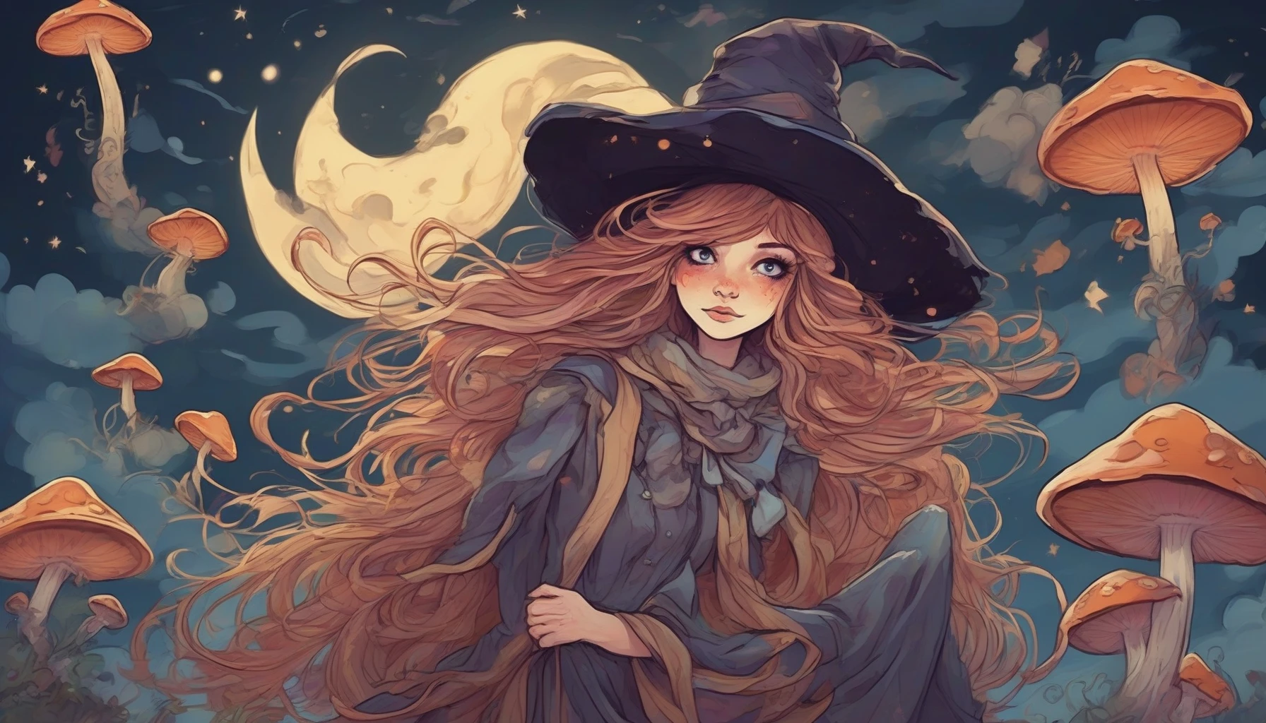 Picture a quirky witch with a floppy, oversized pointed hat adorned with colorful patches. She clumsily balances on a broomstick, her long, tangled hair flowing wildly in the wind. Surrounding her are enchanted, glowing mushrooms and a crescent moon casting soft light, while fluffy clouds drift lazily in the night sky. Her wide-eyed expression radiates both mischief and charm, inviting viewers into her enchanting world.