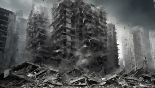 In a desolate cityscape, a collapsed skyscraper looms, its shattered glass and twisted steel intertwining like a grotesque sculpture. Shadows deepen as dust settles around the remnants, while distant smoke trails curl against an ominous sky. The air is thick with the weight of loss, telling stories of fleeting lives and chaos. Fragments of crumbled concrete cradle the memories of a once-thriving metropolis now silenced by devastation.