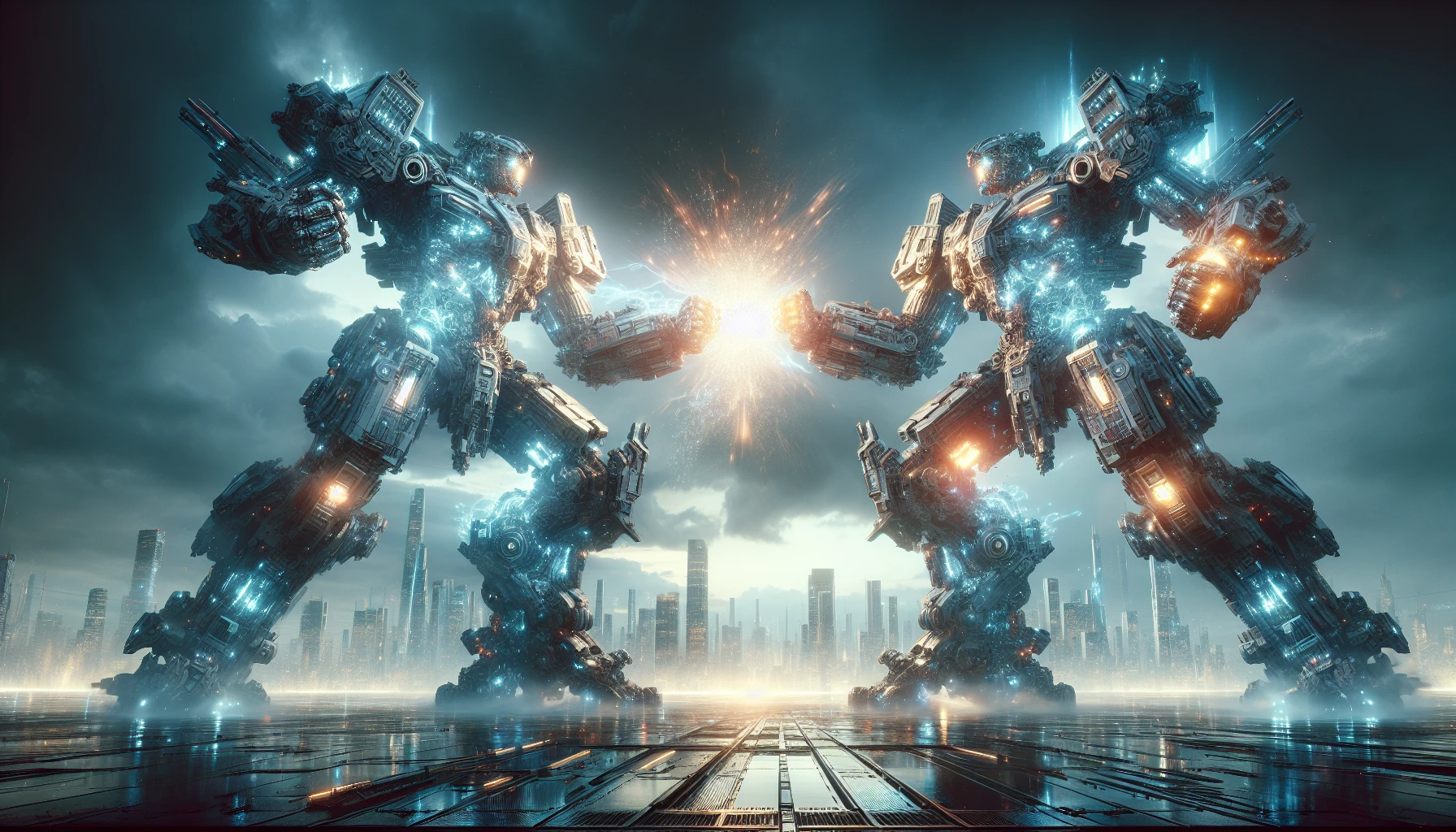 In a futuristic cityscape, two colossal mechs tower above the skyline, locked in a fierce battle. Each behemoth is adorned with intricate armor plating and vibrant glowing accents, casting an otherworldly glow. The ground shakes with each powerful strike, while sparks fly as their metallic fists collide. Above them, dark clouds gather, hinting at an impending storm, adding to the dramatic tension of this epic showdown.