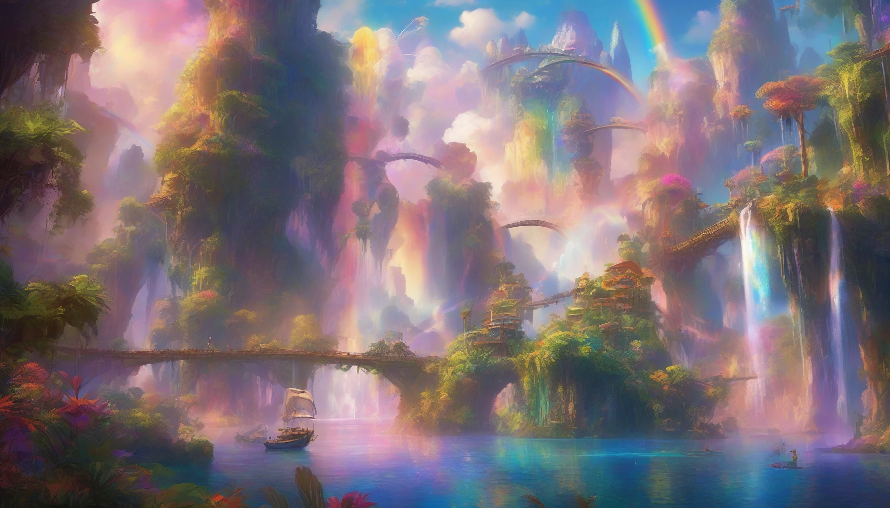 Imagine a vibrant world of lush floating islands, each connected by shimmering bridges made of light. Colorful waterfalls cascade from the edges, creating rainbows in the air. Exotic creatures soar gracefully between the islands while explorers in fantastical gear traverse the terrain. The sky is painted in vivid hues of sunset, reflecting the thrill of discovery in this mesmerizing realm where adventure knows no bounds.