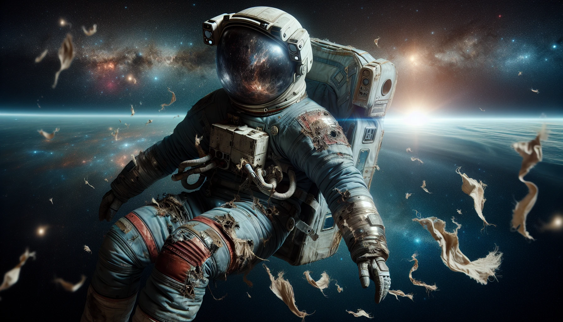 A lone astronaut drifts through the vastness of space, their heavily worn spacesuit showing signs of battle against the cosmos. Torn fabric flutters against the backdrop of distant stars and nebulas, while patches of scuffed metal hint at past encounters with celestial phenomena. The helmet, cracked yet functional, reflects a glowing planet nearby, embodying both the peril and beauty of exploration.