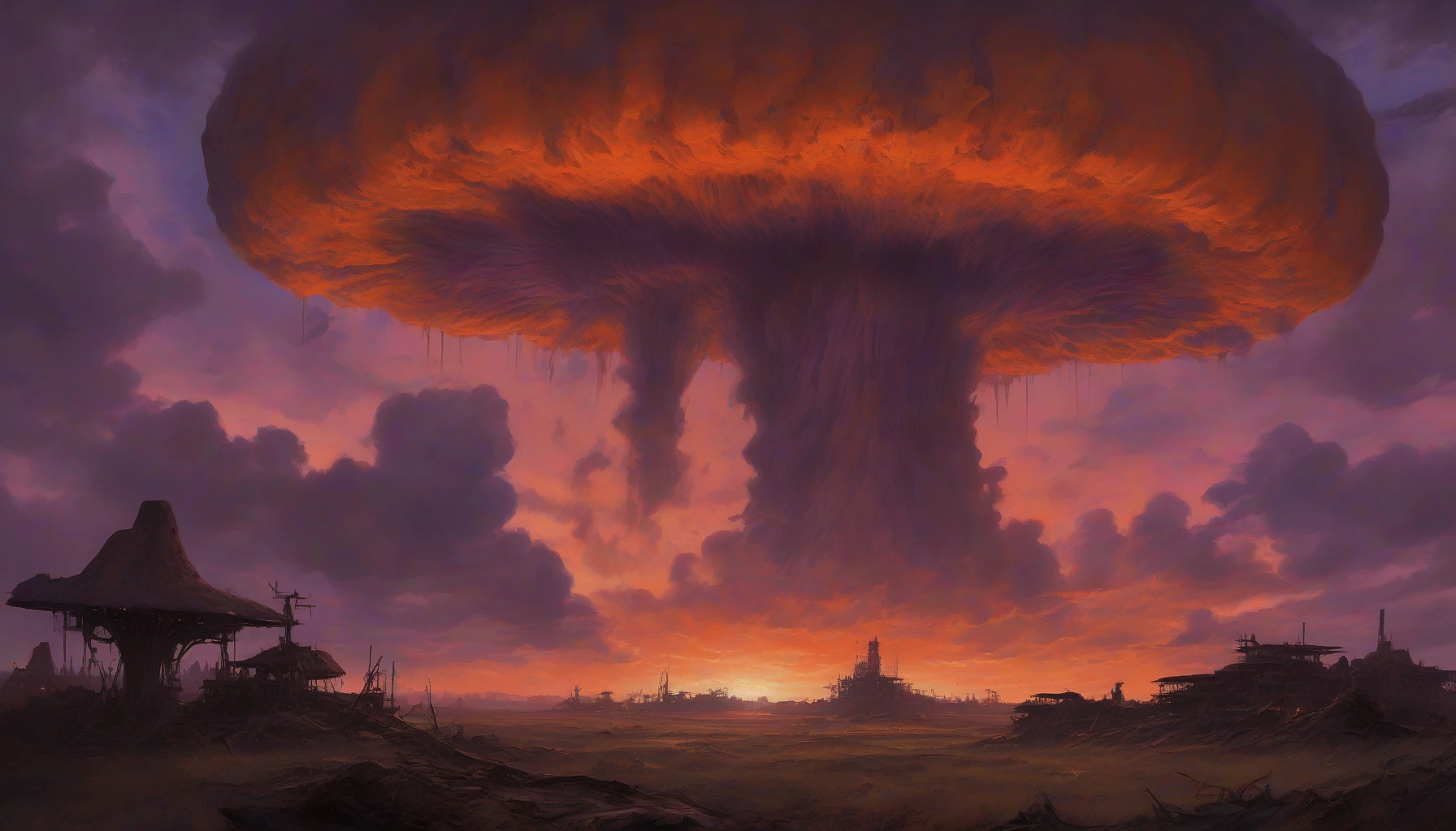 A grand, catastrophic scene unfolds as a colossal mushroom cloud rises ominously against a twilight sky, painted in hues of deep orange and dark violet. The ground below, scattered with remnants of a world decimated, shimmers with the eerie glow of radiation. Silhouetted against the cloud, fractured structures hint at a once-thriving civilization. The atmosphere is thick with tension, evoking a haunting reminder of destruction’s beauty and horror.