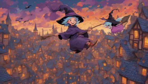 Picture a cheerful, clumsy witch soaring through a vibrant twilight sky, her oversized pointed hat wobbling atop her head as she grips a broomstick with both hands. Her flowing, mismatched robes flutter hilariously in the wind, while her pet cat clings to her shoulder, wide-eyed. Below, a patchwork of colorful rooftops and meandering cobblestone streets twinkle under the glowing moonlight, capturing the charm of her magical world.