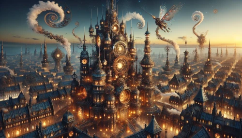 Picture a sprawling steampunk cityscape at twilight, where the majestic Enchanted Clockwork Tower stands tall amidst a labyrinth of intricate gears and shimmering brass. Delicate filigree wraps around the tower, glinting in the warm glow of gas lamps. Skyward, wisps of steam curl into the air, while fantastical creatures flit about, their metallic wings catching the fading light. Time seems to dance in this magical realm of innovation and wonder.