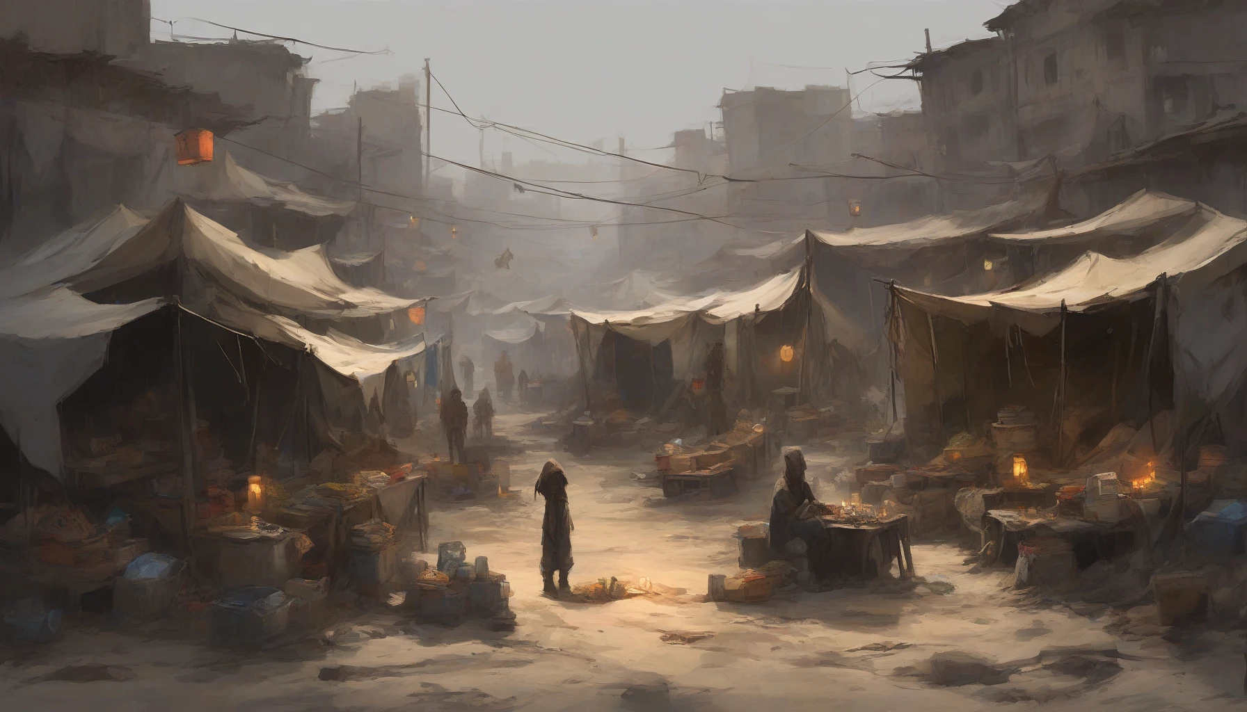 In a desolate landscape, the remains of a once-thriving marketplace stand amidst improvised shelters made of scrap metal and tattered tarps. Shadows of survivors barter for essential goods under a hazy sky, while makeshift stalls overflow with salvaged treasures. Weeds creep through cracked pavement, and flickering lanterns cast a warm glow, hinting at a flicker of hope and community amid the ruins of civilization.