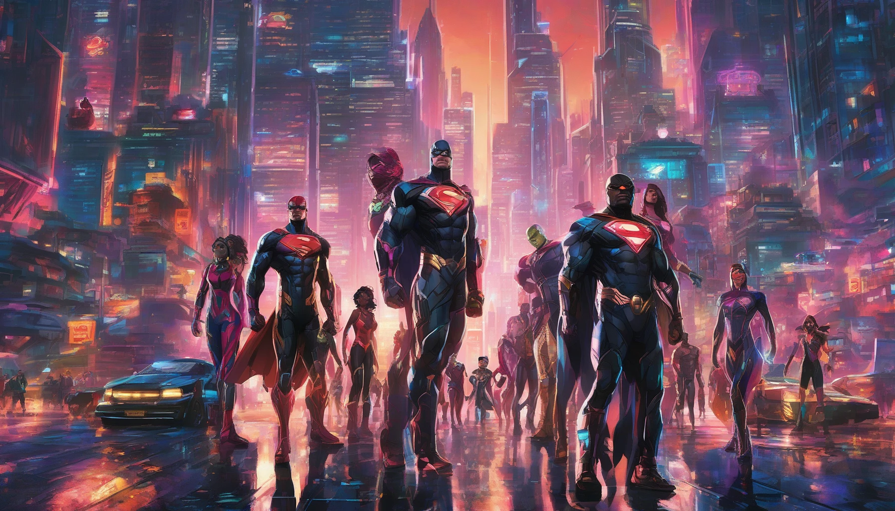 In a sprawling neon-lit metropolis, a diverse team of superheroes stands ready to protect their city. Each hero embodies unique powers and futuristic technology, showcasing dazzling suits adorned with glowing accents. Towering skyscrapers and flying vehicles fill the background, while an ominous threat looms in the sky. The atmosphere buzzes with energy, as the heroes prepare to unleash their strength and defend the heart of innovation.