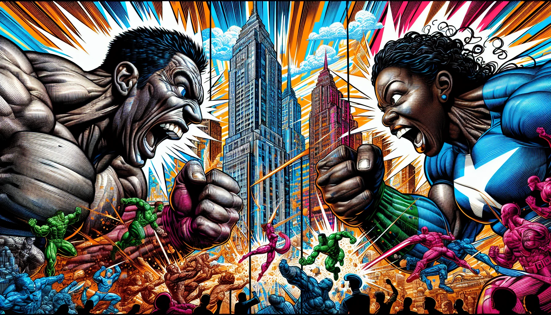 In a bustling cityscape alive with vibrant colors, two larger-than-life superheroes engage in an epic battle against a menacing villain amidst exploding ink splashes and dynamic action lines. The scene features exaggerated expressions, dynamic poses, and word bubbles shouting iconic catchphrases. Background skyscrapers tower dramatically, while comic panels frame the action, immersing viewers in a whirlwind of adventure and excitement that leaps right off the page.