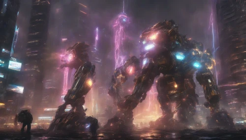 In a futuristic cityscape, two colossal mechs engage in an epic showdown, their metallic bodies towering over skyscrapers. Sparks fly as they unleash torrents of energy beams, illuminating the darkened sky. The ground trembles beneath their weight, and debris scatters in their wake. Neon lights flicker, reflecting off their polished armor, while onlookers below stare in awe and terror, caught in the chaos of this grand mechanical warfare.