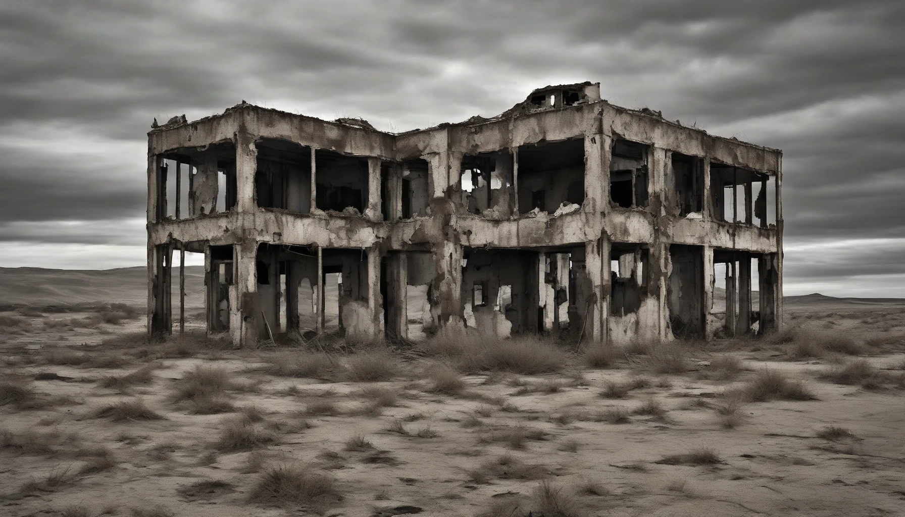 In a stark, barren landscape under a somber sky, the skeletal remains of once-thriving buildings jut out like ghostly fingers grasping for the past. Cracked concrete and rusted metal intertwine with windswept sands, embodying the desolation of forgotten dreams. Shadows dance across the ground, hinting at stories lost in time, as nature begins to reclaim what humanity once held dear, creating a hauntingly beautiful contrast.