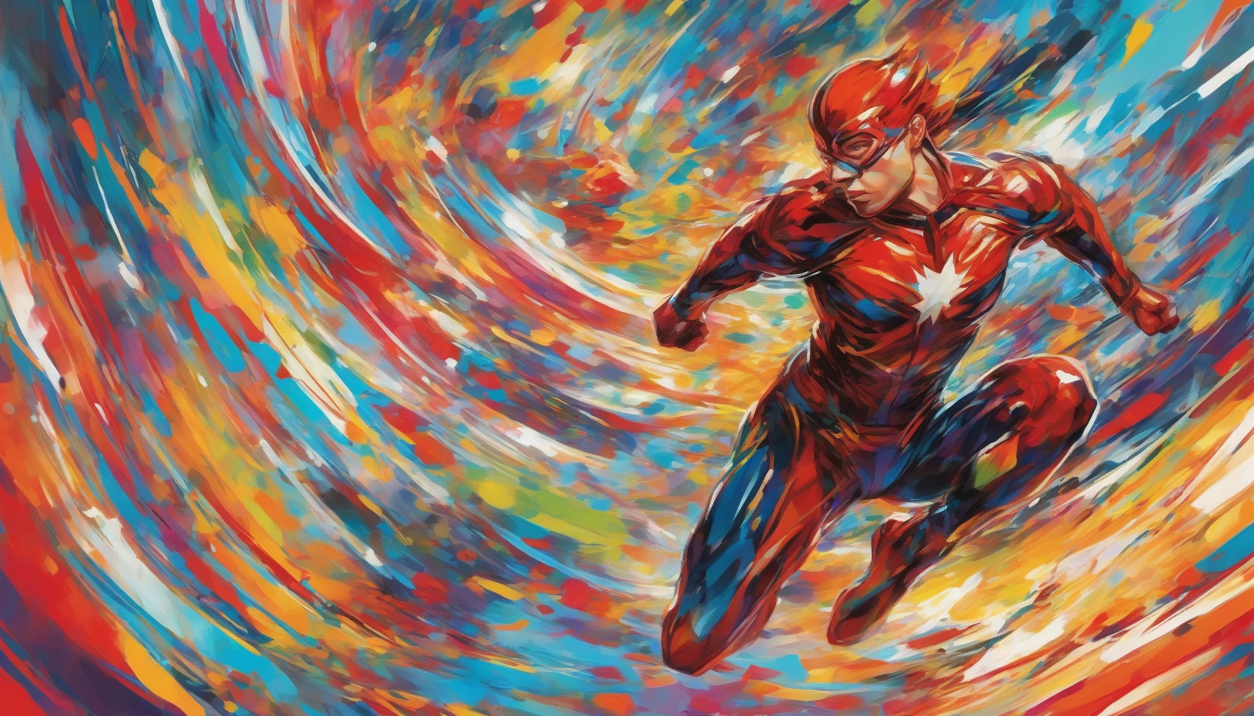 Imagine a captivating scene where a hero leaps into action, surrounded by vibrant speed lines that blur the background in a whirlwind of color and energy. Every movement is exaggerated and fluid, emphasizing the intensity of the moment. The character’s expression is fierce, showcasing determination and passion, while their outfit catches the light, adding to the high-octane feel of this stylized, comic book-inspired world.