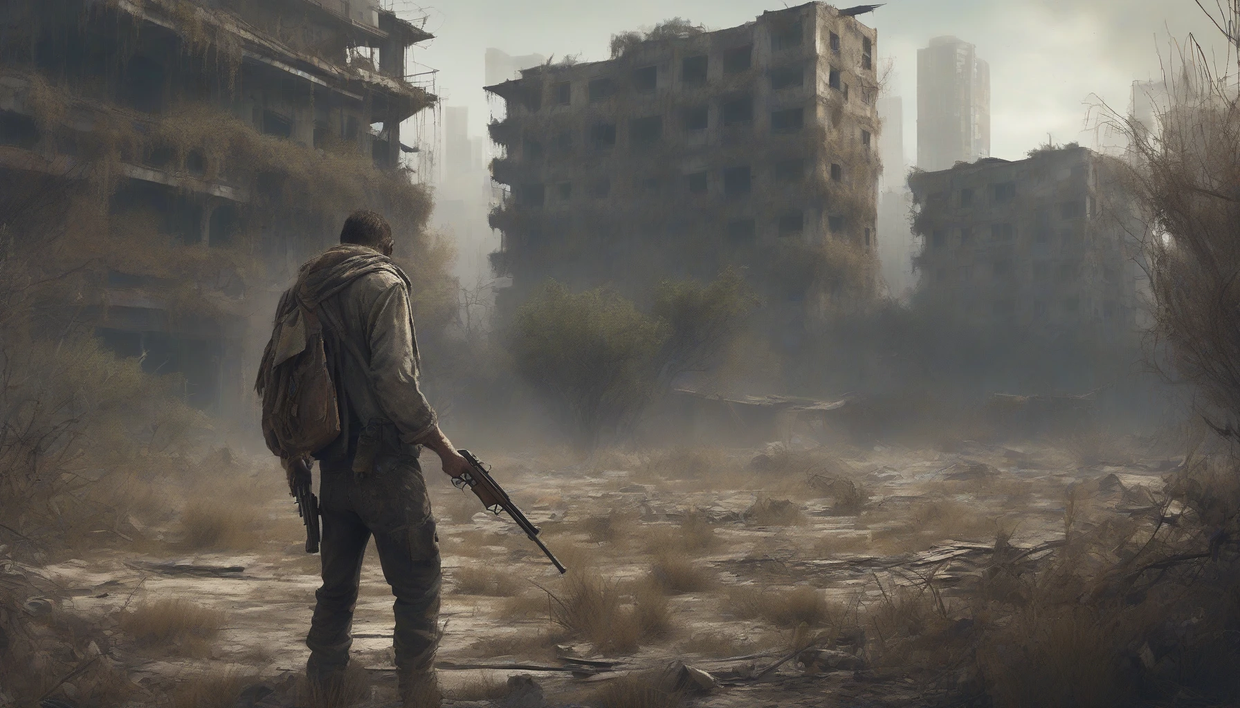 In a desolate, post-apocalyptic landscape, a rugged survivor stands defiantly. Clad in tattered clothes, the fabric frayed and smeared with dirt, they grip a weathered rifle, eyes scanning the horizon for threats. The backdrop is a haunting mix of crumbling buildings and overgrown vegetation, shrouded in a hazy, dusky light. This image captures the grit and determination of humanity against the odds, embodying a fierce spirit of survival.