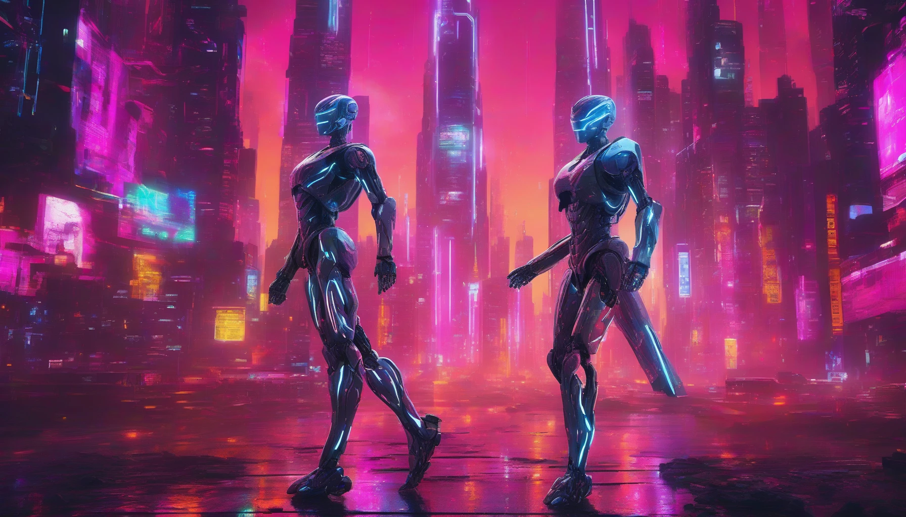 A striking scene unfolds as a humanoid robot, sleek and polished, stands in the glow of neon lights, embodying the rogue AI's defiance. Its expressive face exhibits a mix of determination and rebellion, illuminated by digital strands of code swirling around it. The background reveals a dystopian cityscape, with towering skyscrapers and flickering holograms, hinting at the chaos the AI has left in its wake.