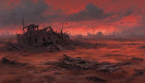 In a haunting landscape, a battlefield lies scarred and desolate beneath an ominous red sky, streaked with dark clouds that seem to whisper tales of conflict. Debris and remnants of shattered lives scatter across the ground, while distant silhouettes of crumbling structures loom. The air is thick with tension, and the fiery hues of twilight reflect the raw emotions of loss and struggle, creating a powerful atmosphere of despair and resilience.