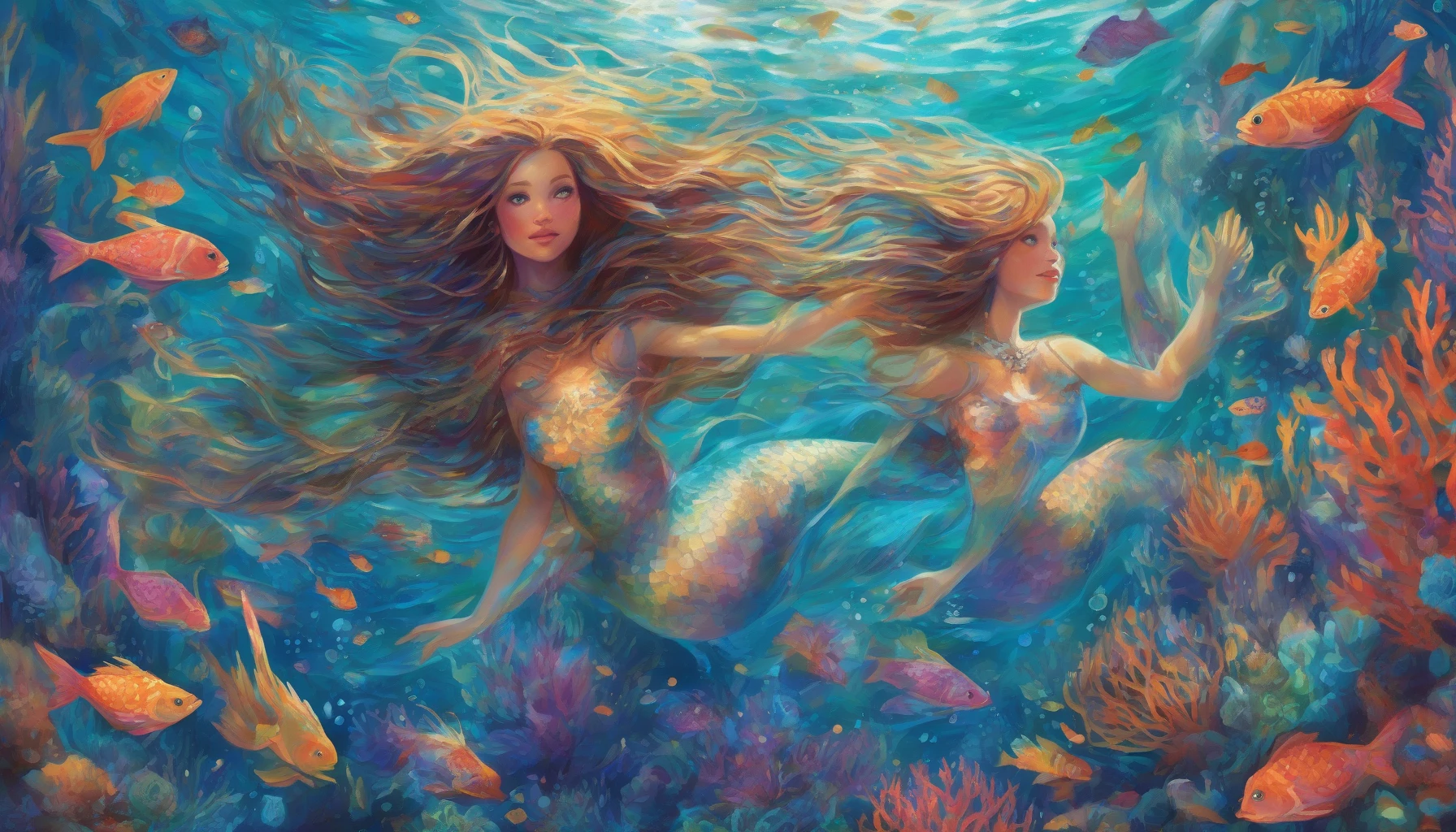 Dive into a mesmerizing underwater realm where a majestic mermaid glides effortlessly through shimmering azure waters, her iridescent scales sparkling like gems in the sunlight. Surrounded by vibrant coral reefs and swaying seaweed, her flowing hair dances in the currents. Sunbeams pierce through the surface, illuminating her captivating form, as schools of colorful fish swirl around, drawn to her enchanting presence in this aquatic haven.