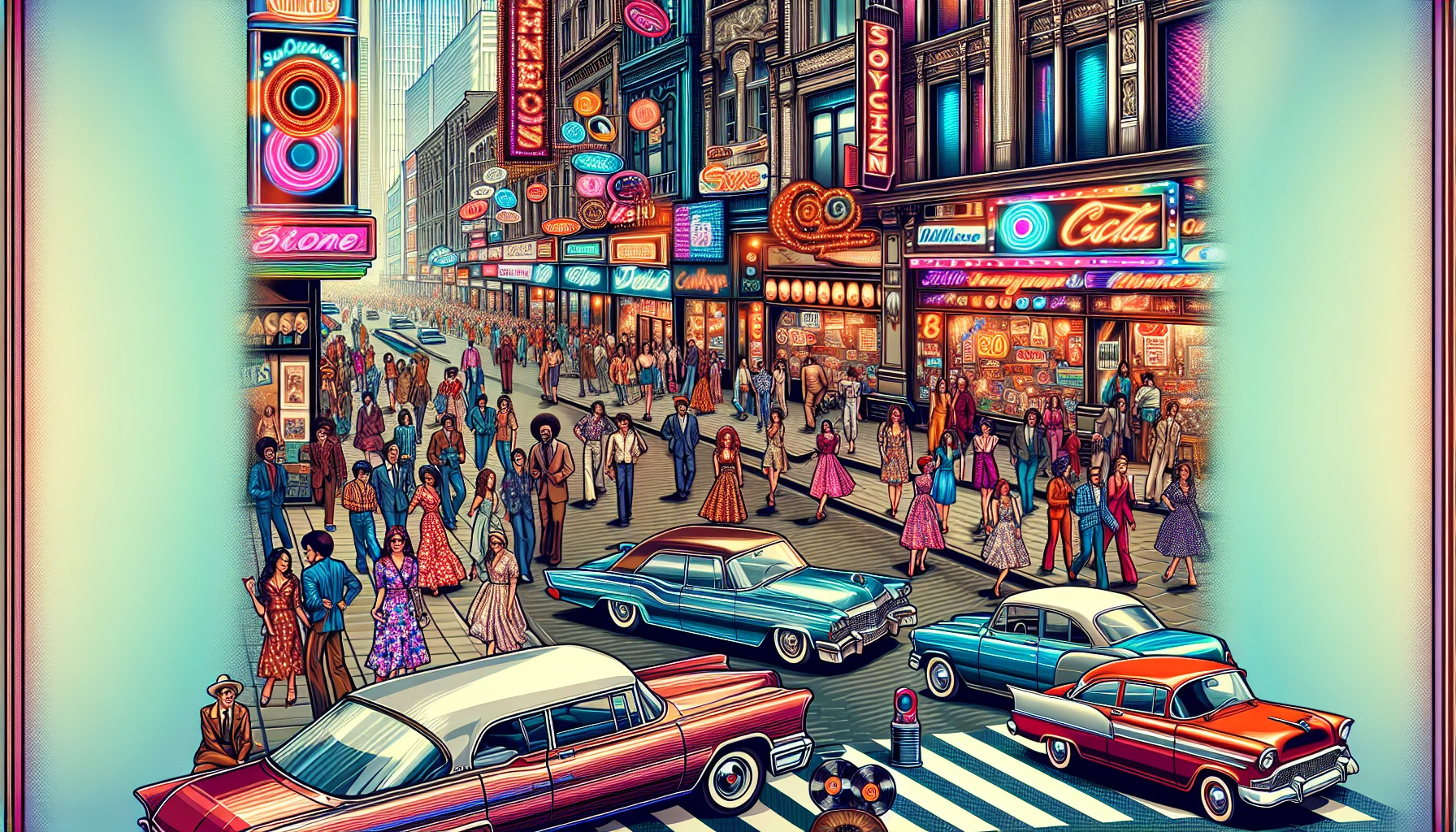 Create an image that captures the essence of retro style, showcasing vibrant colors and patterns reminiscent of the 70s and 80s. Picture a bustling city street filled with vintage cars, neon signs, and fashionably dressed people enjoying the ambiance. Incorporate elements like classic vinyl records, retro gadgets, and old-school advertisements, all coming together to evoke nostalgia and vibrant energy of a bygone era.