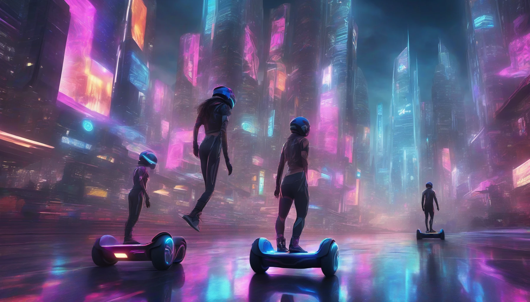 Picture a futuristic cityscape, vibrant neon lights reflecting off sleek chrome surfaces. A lone figure clad in a streamlined helmet and aerodynamic gear zips through the bustling streets on a high-tech hoverboard, weaving between towering skyscrapers. Below, a group of relentless pursuers on their own hoverboards mirrors the speed and thrill. Clouds of mist swirl around, and the air crackles with adrenaline as the city blurs by.